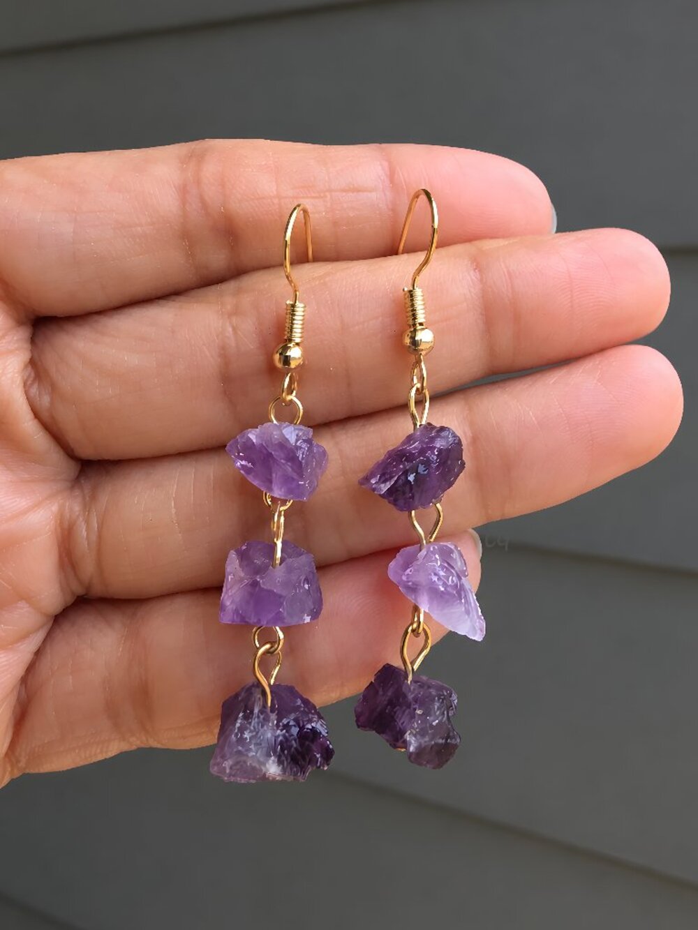 Raw Amethyst Dangle Earrings Boho Handmade Crystal Jewelry - Gold